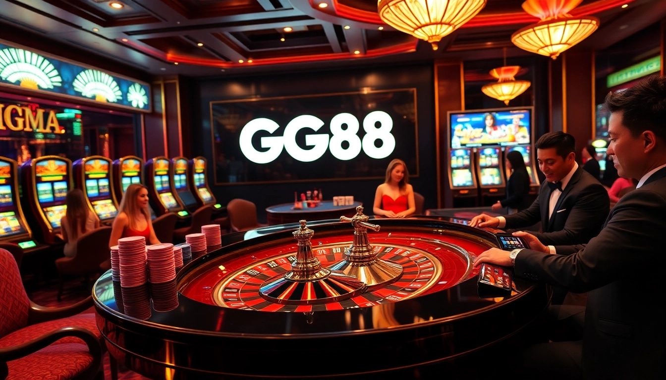 Exciting gaming atmosphere at GG88 with roulette table and vibrant slot machines.