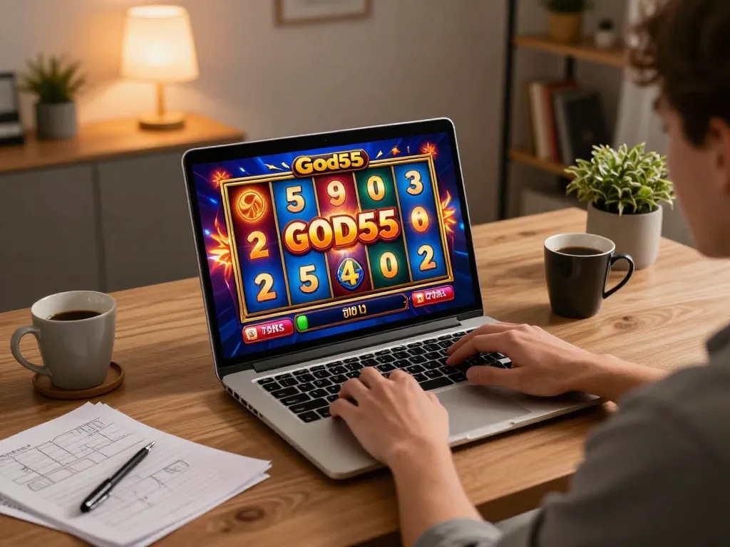 Player immersed in an exciting God55 slots game on laptop at home, showcasing vibrant graphics and cozy atmosphere.
