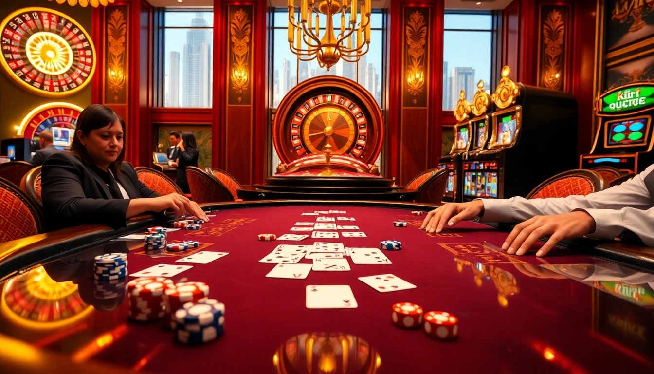 KJC-themed poker table with players engaged in a high-stakes game in a luxury casino.
