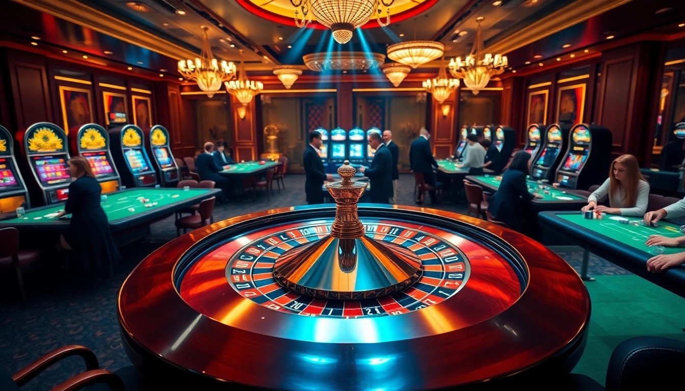 Experience thrilling gaming action at eejl77777.com with vibrant casino scenes showcasing roulette, poker, and slot machines.