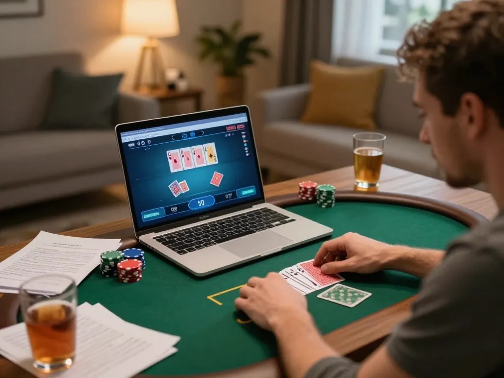Engaging player at home utilizing ww88 for online poker, showcasing personal gaming setup and strategic focus.