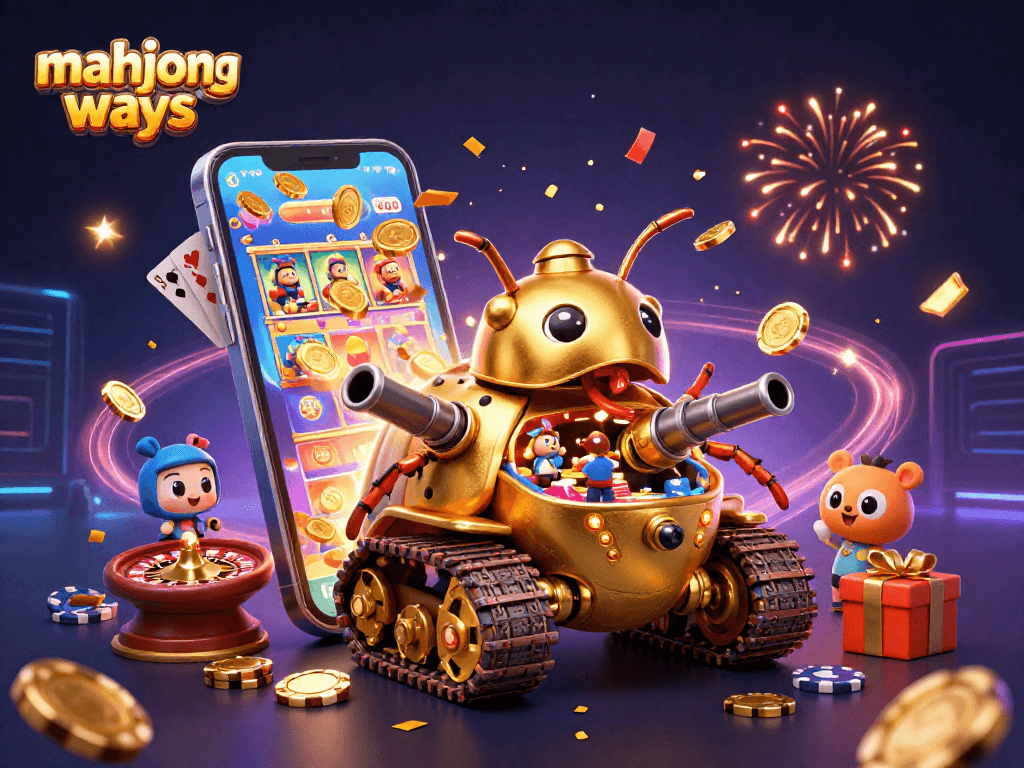 Engage with mahjong ways as confetti rains from a golden beetle tank, revealing an animated casino scene.