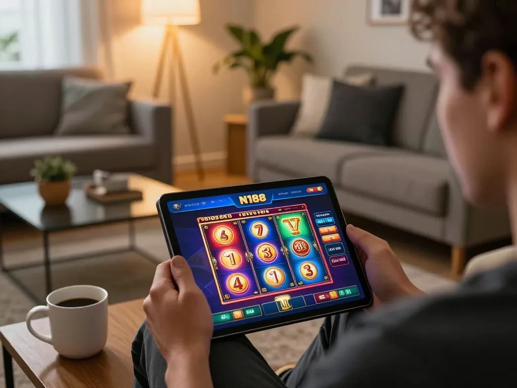 Player enjoying N188 online slot games on a tablet in a cozy living room setting, illustrating engaging gameplay.