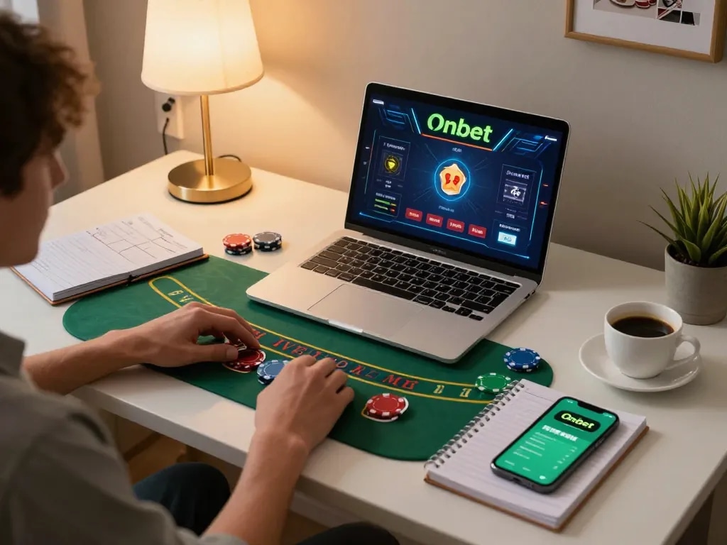 Engaged player strategizing on Onbet's live dealer blackjack in a cozy home setup