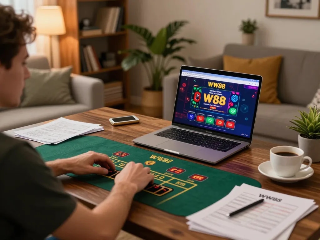 Engaging in online gaming at WW88, showcasing a cozy home setup with a laptop and coffee.