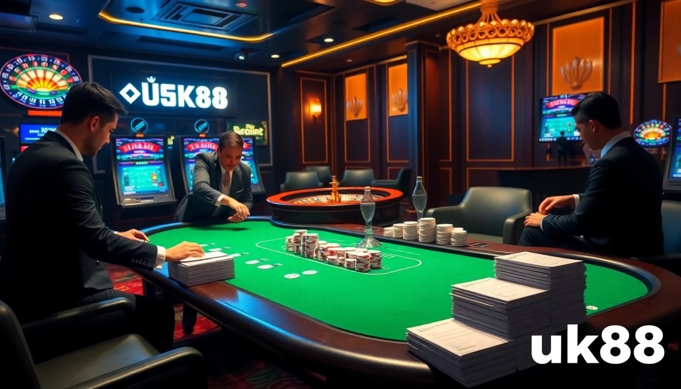 Enjoying an exciting game at nhà cái uk88 featuring poker chips and a roulette wheel.