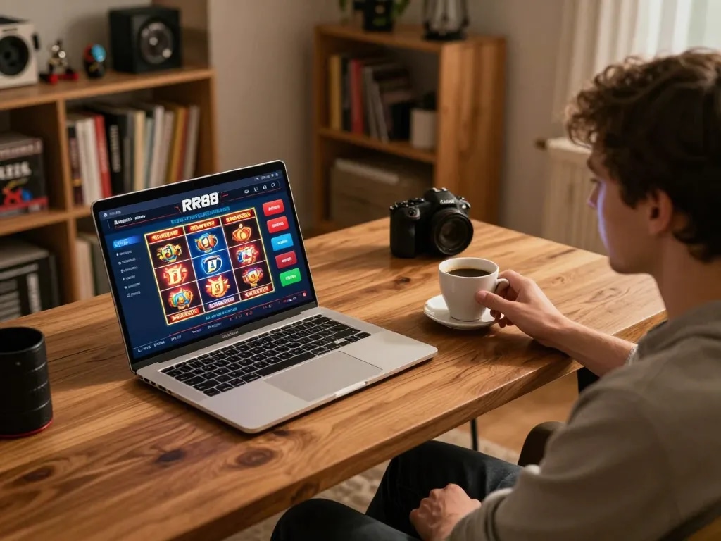 Engaging online gaming setup featuring RR88 casino interface on laptop screen with cozy atmosphere.