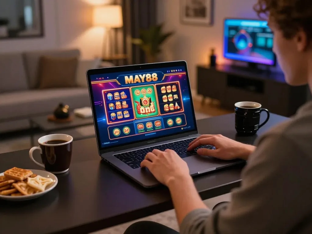 MAY88 player enjoying an online casino game in a stylish home setup with a vibrant screen and cozy ambiance.
