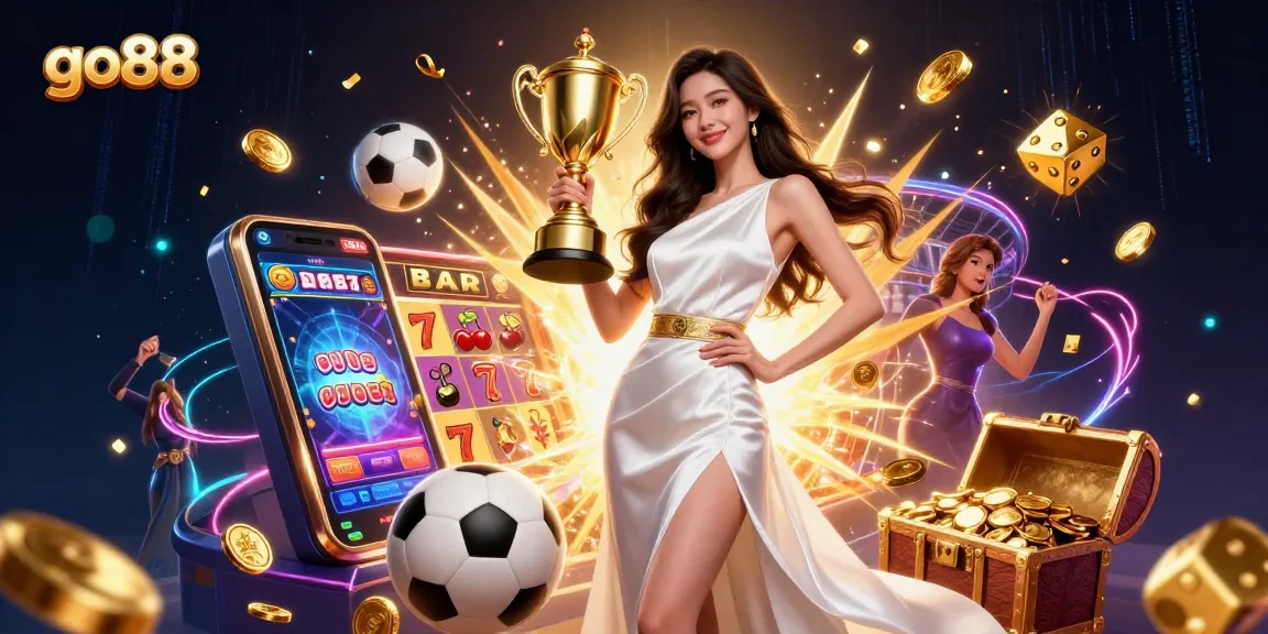 Experience thrilling gaming at go88, featuring a victorious woman with a trophy surrounded by dynamic casino elements.