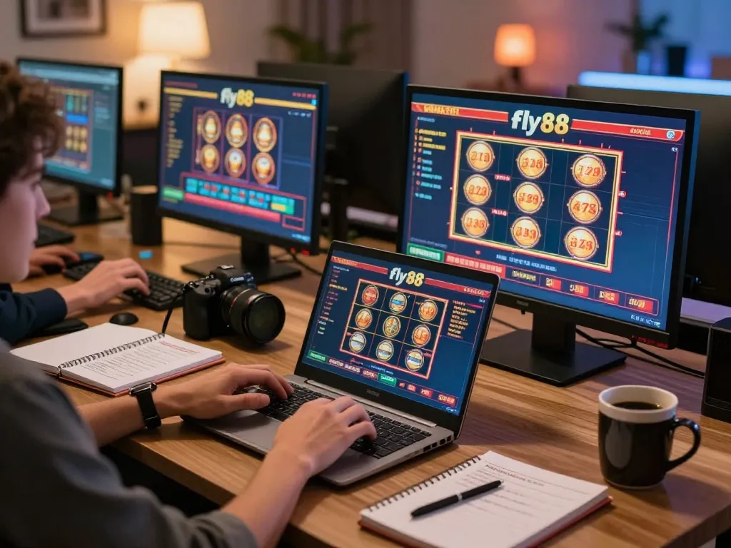Player enjoying fly88 online slots on a laptop in a cozy home setup.