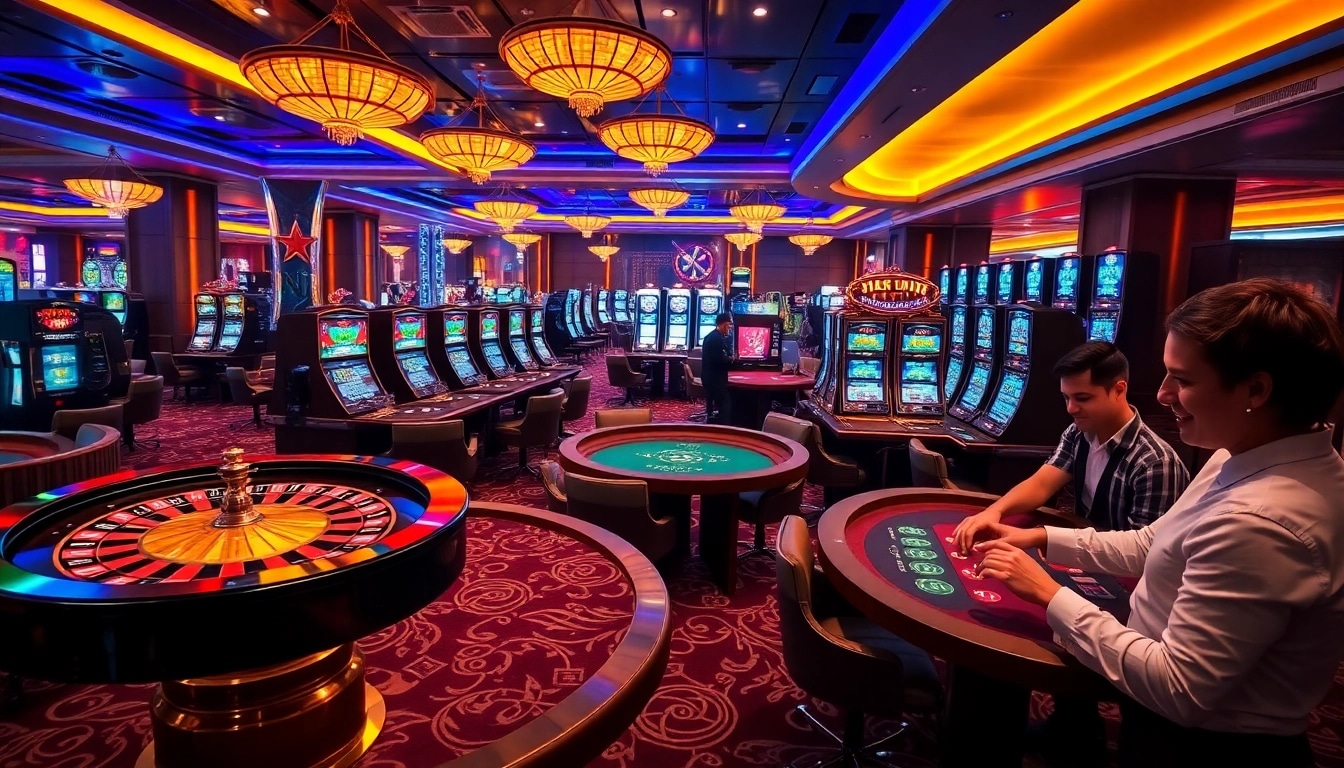 Gamblers enjoying exciting gameplay at a luxurious casino, featuring nohu-themed elements.