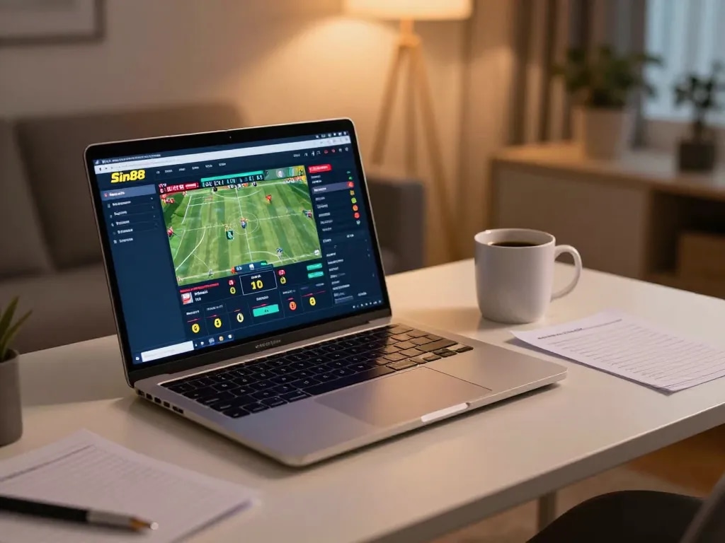 Sin88 sports betting interface displayed on laptop during an engaging online gambling session, showcasing responsible gaming.