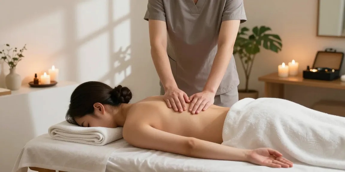 위례출장마사지 therapy session in a tranquil wellness room with calming elements for relaxation.