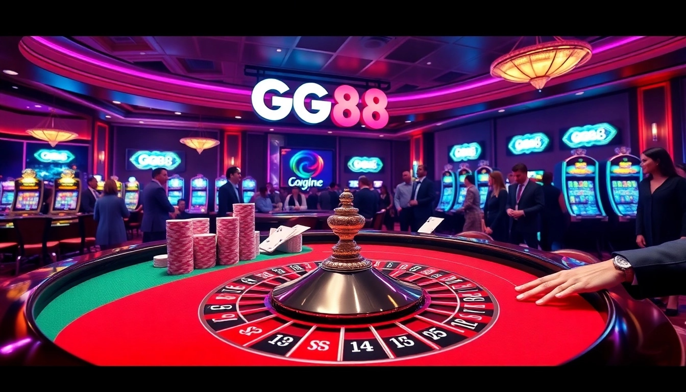 Experience the thrill of gaming at GG88 with a vibrant casino scene showcasing roulette and poker.