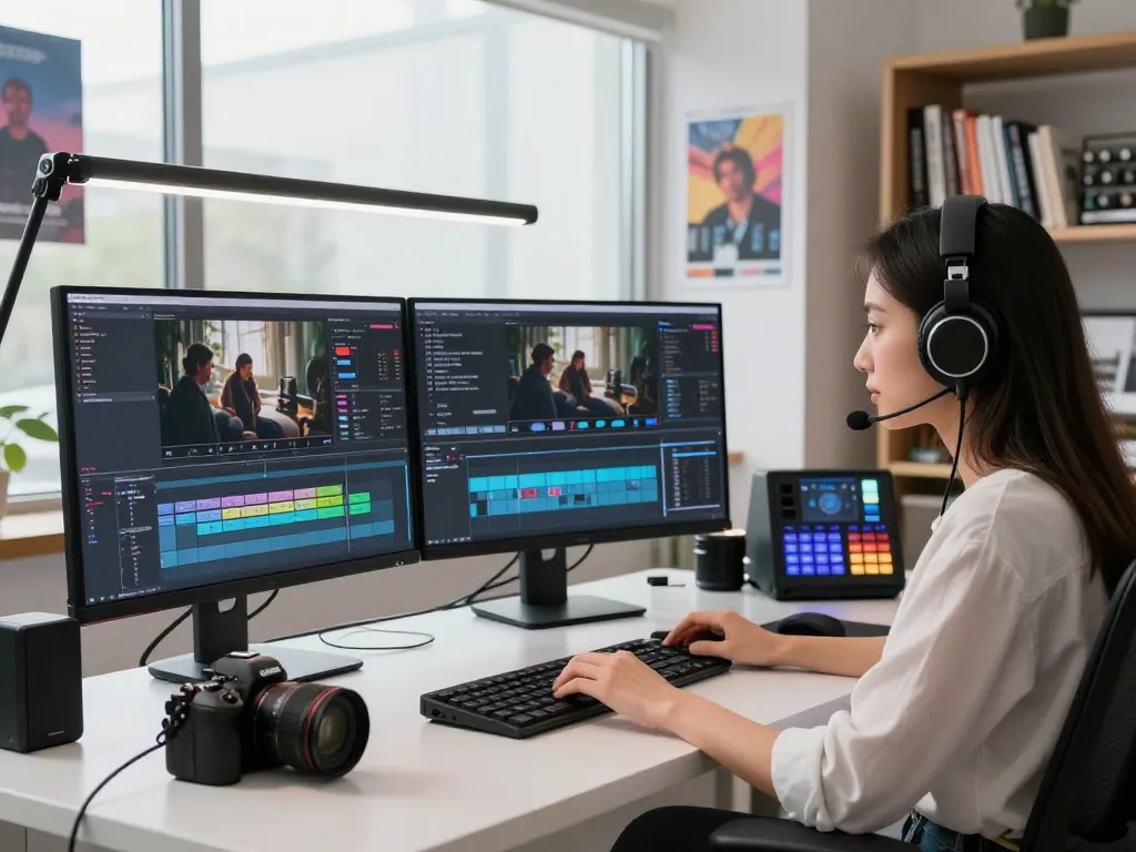 Video to prompt generation setup with a focused editor analyzing video content, showcasing modern technology and vibrant workspace.