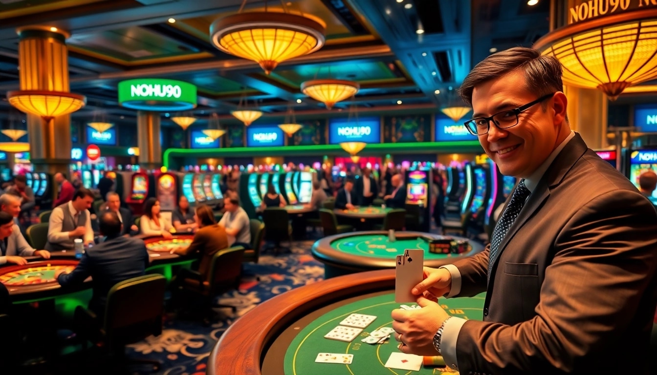 Experience the thrill of NOHU90 with vibrant gaming elements in a luxurious casino setting.