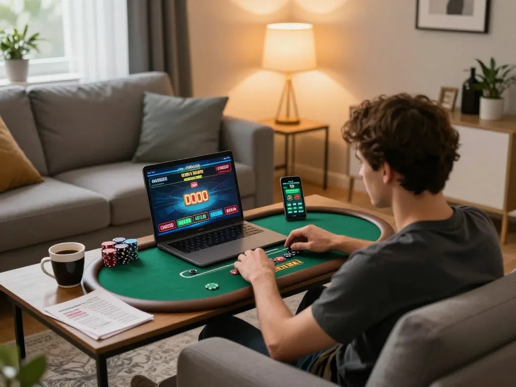 Engaged user on a modern sofa enjoying online gaming, showcasing Trang chủ Red88 interface on laptop