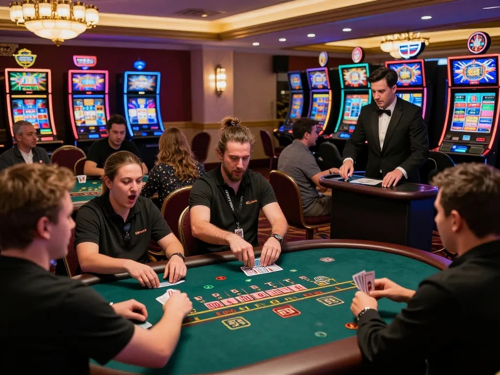 Players experiencing thrilling blackjack moments at TR88 themed casino floor, showcasing strategic betting atmosphere.