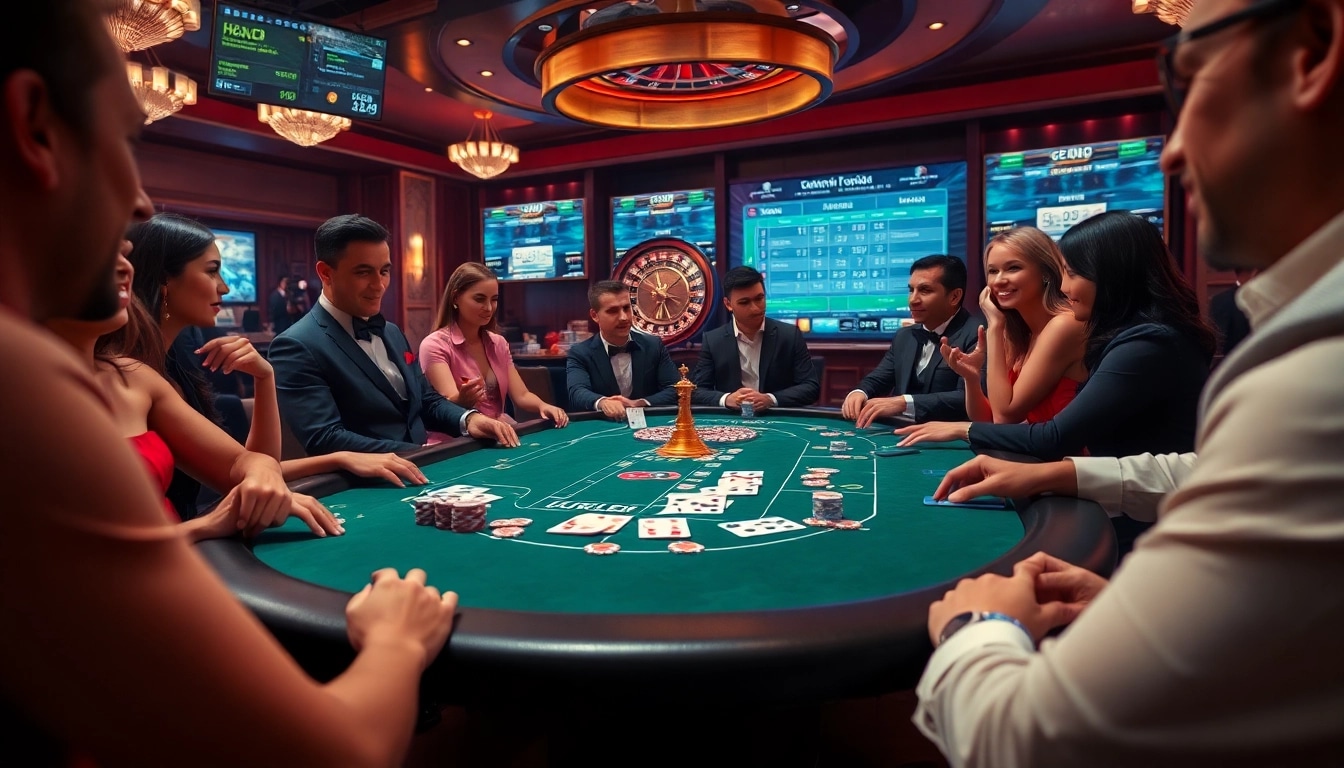 Engage in an exciting poker game at bk8 casino, showcasing high-stakes tension and vibrant atmosphere.
