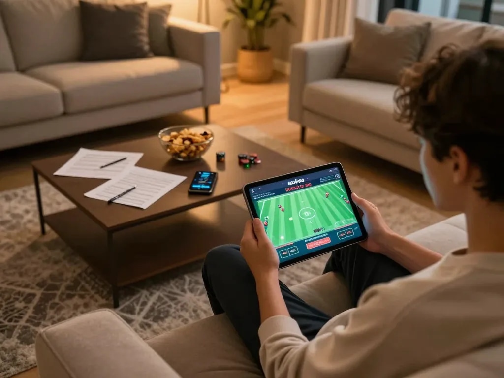Socolive user engaging in online sports betting from a cozy home setting while enjoying snacks.