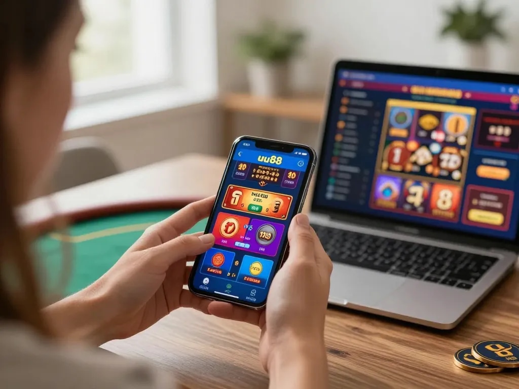 Player engaging with the uu88 casino app on smartphone, enjoying dynamic mobile gambling experience