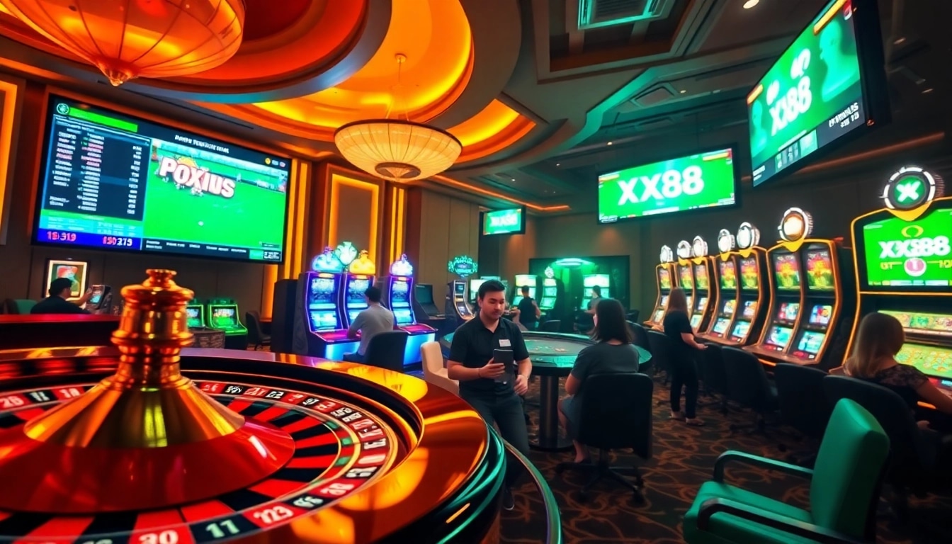 Excited players engage with various gambling options at XX88 casino, featuring a roulette wheel and slot machines.