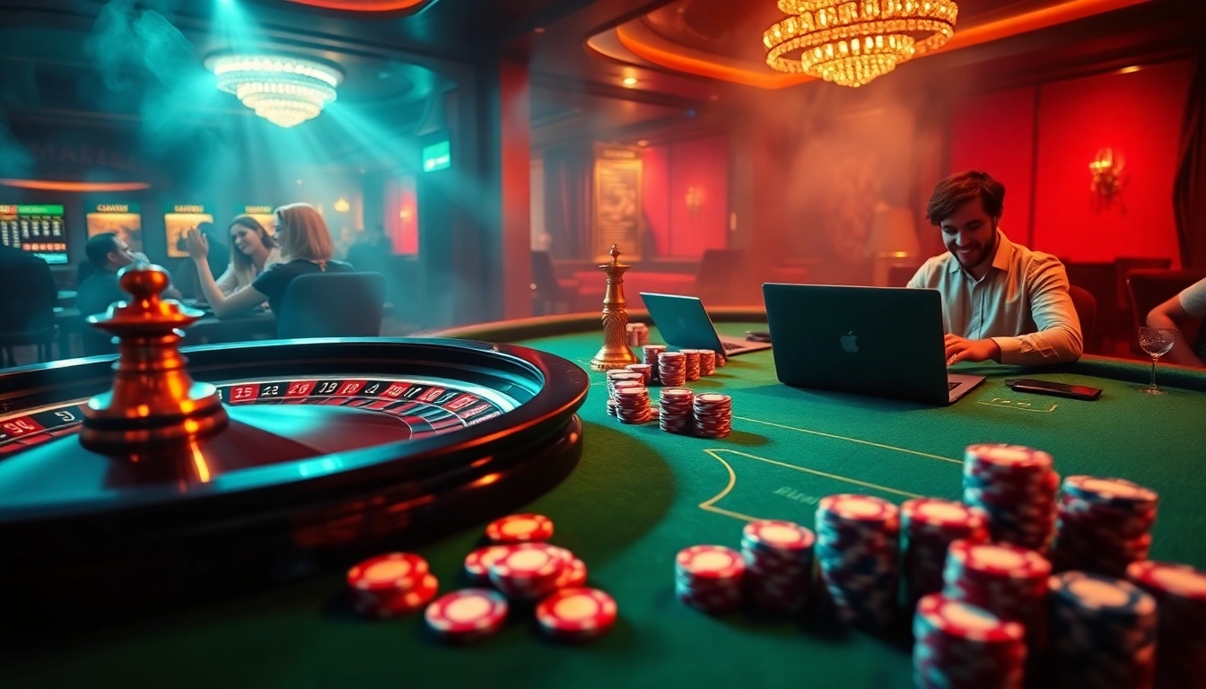 Experience the excitement of fun79 with players engaging at a vibrant casino table, poker chips in action.