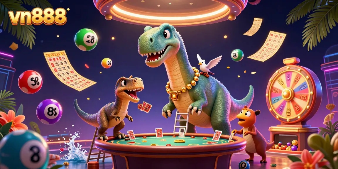 Engage with vn888 in this vibrant casino scene featuring animated characters and colorful gaming elements.
