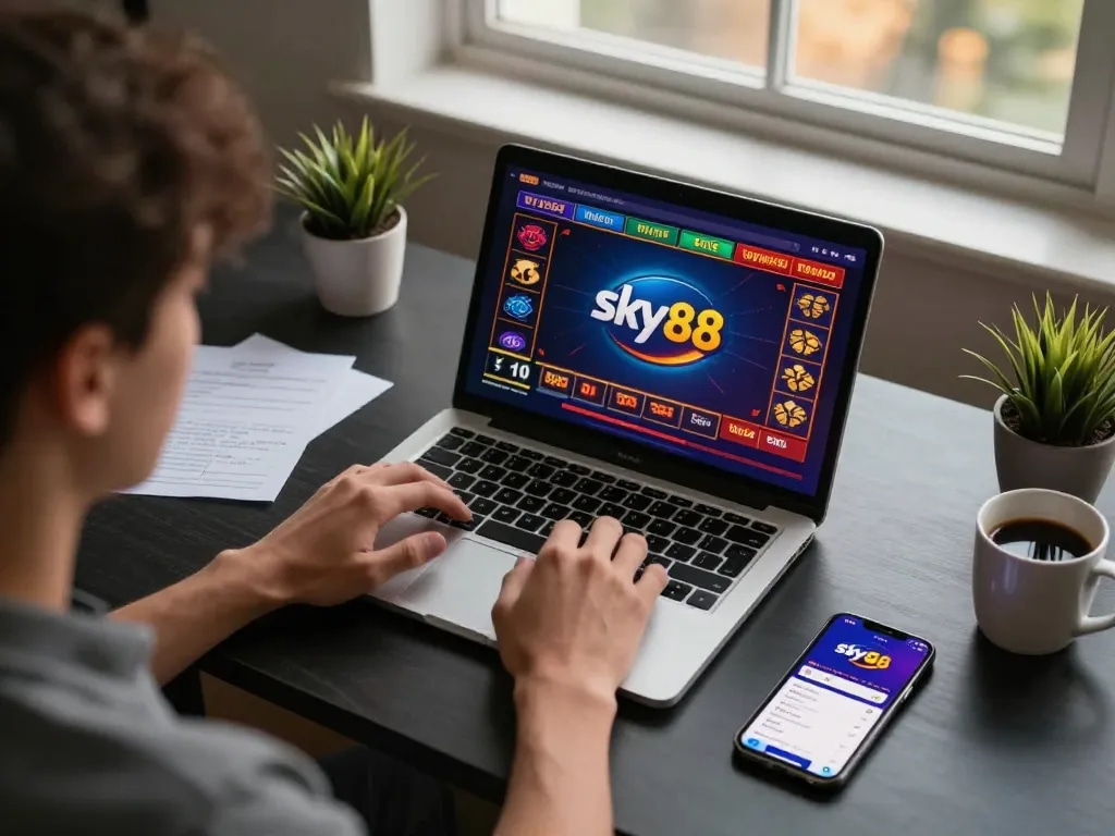 Engaged player using the sky88 online casino app on a laptop, strategic notes visible, in a cozy gaming setup
