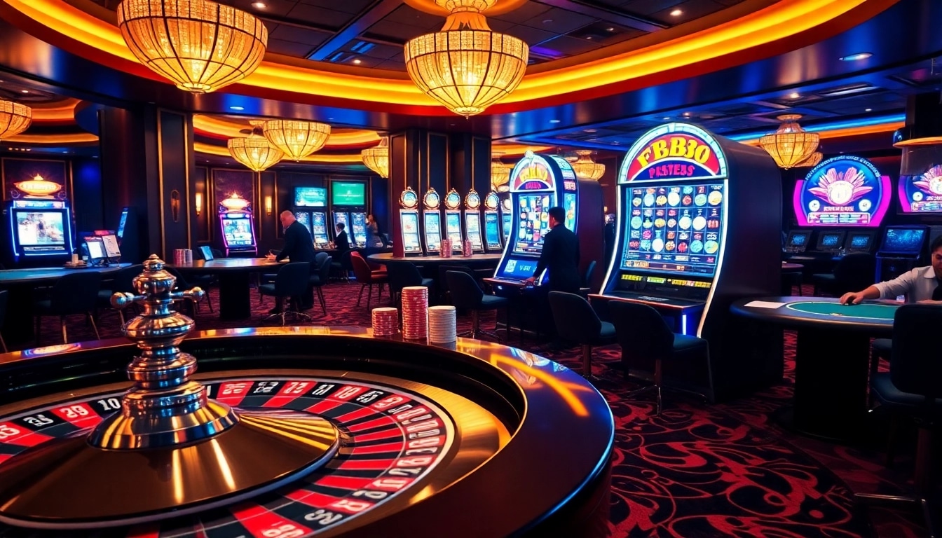 Experience the thrill of winning at fb88, featuring vibrant casino tables and excited players.