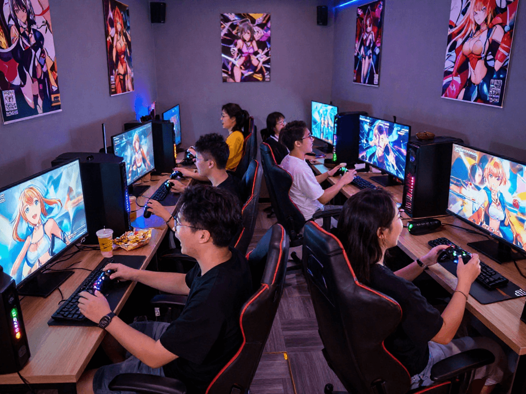 Enjoying diverse hentai games in a vibrant gaming lounge with friends.