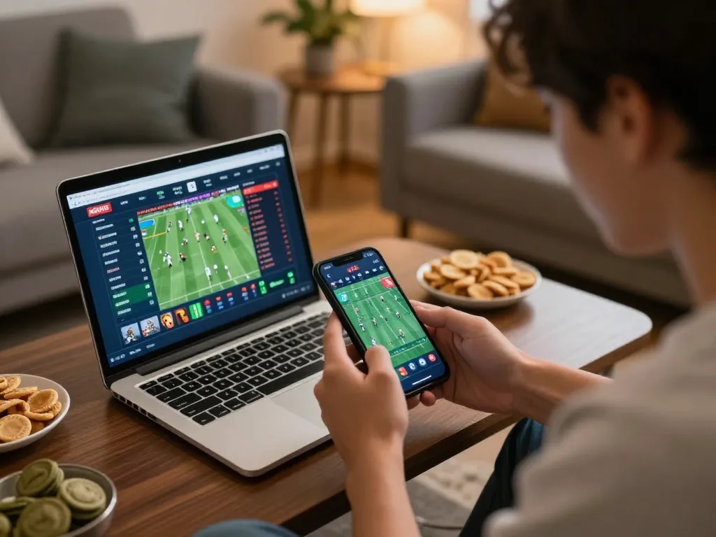 Engaging in sports betting on smartphone with lucky88a app in cozy home environment