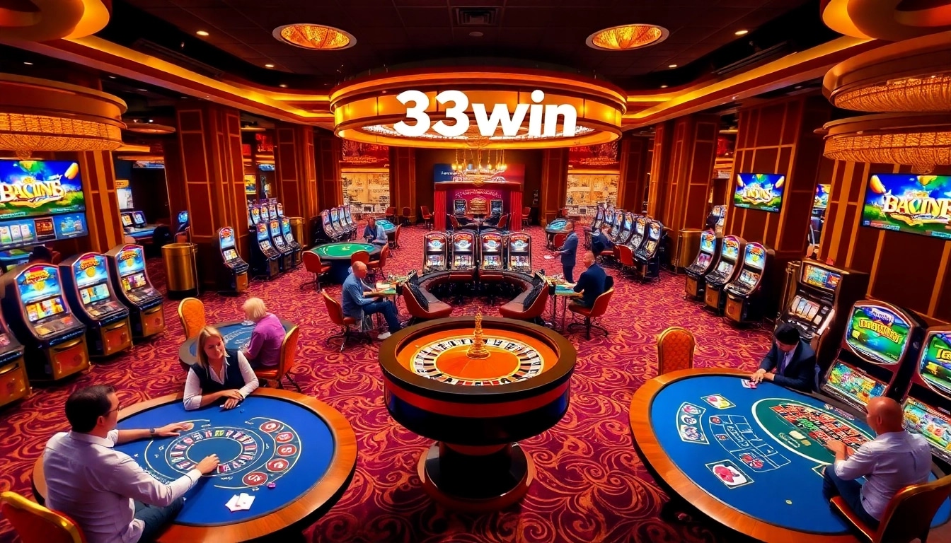 33win casino scene with players enjoying various games under warm lighting and luxury decor.