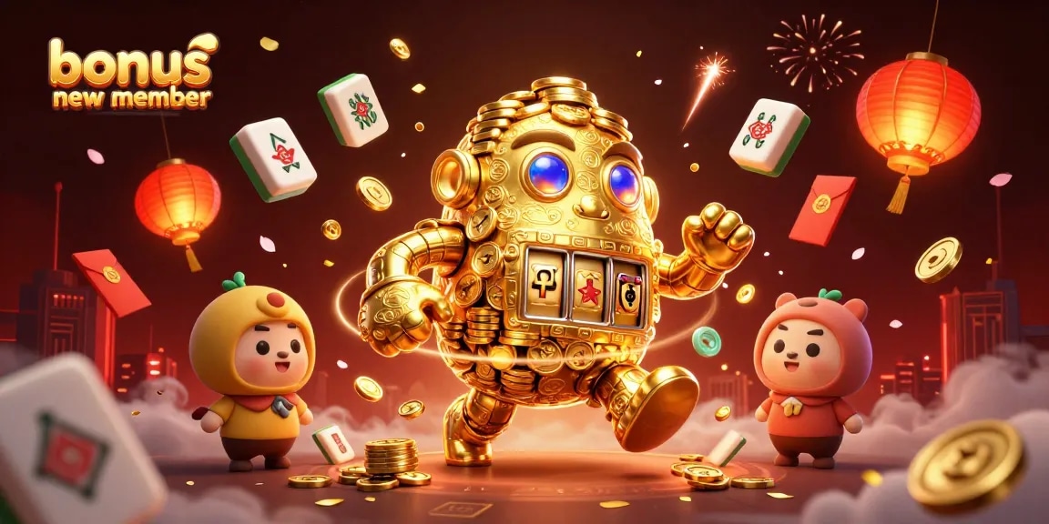 Melihat bonus anggota baru yang menarik dengan simbol-simbol slot dan elemen kasino berkilau.