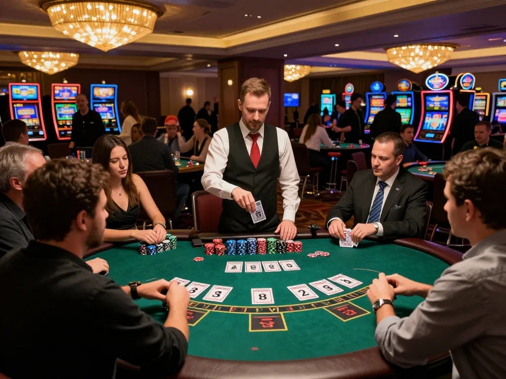 Players strategizing in an intense blackjack game, SC88 casino vibes highlighted