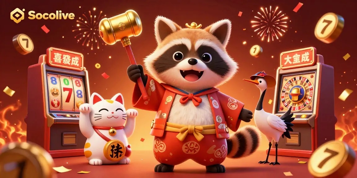 Socolive immerses viewers in vibrant gaming energy with cheerful characters and dynamic casino elements.