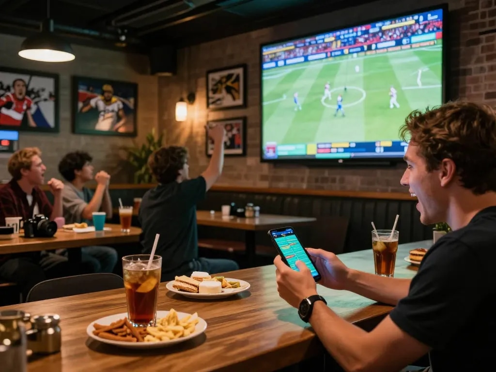 Exciting sports betting moment on tg88 app with friends celebrating in lively bar.