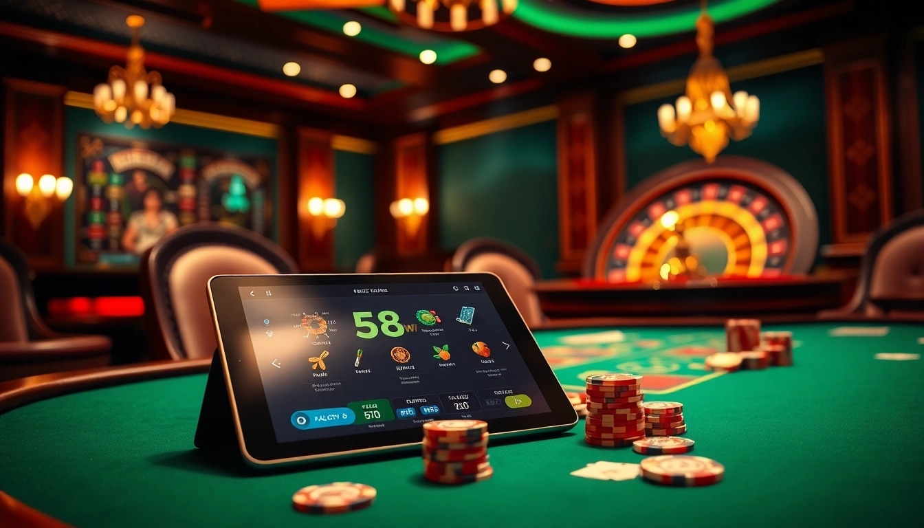 Engaging poker scene at 58win with poker chips and cards, showcasing excitement and luxury.