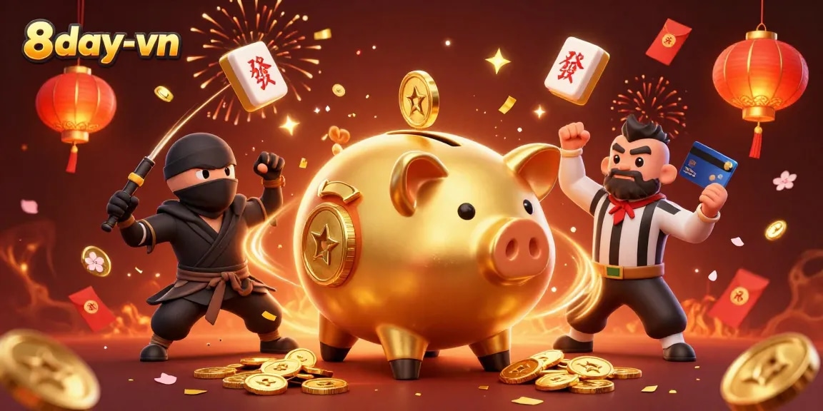 Celebrate at 8day-vn with vibrant casino elements featuring characters and golden coins.