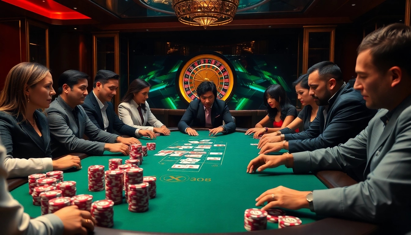 Players enjoying a thrilling poker game at xin88.com.co's luxurious casino table.