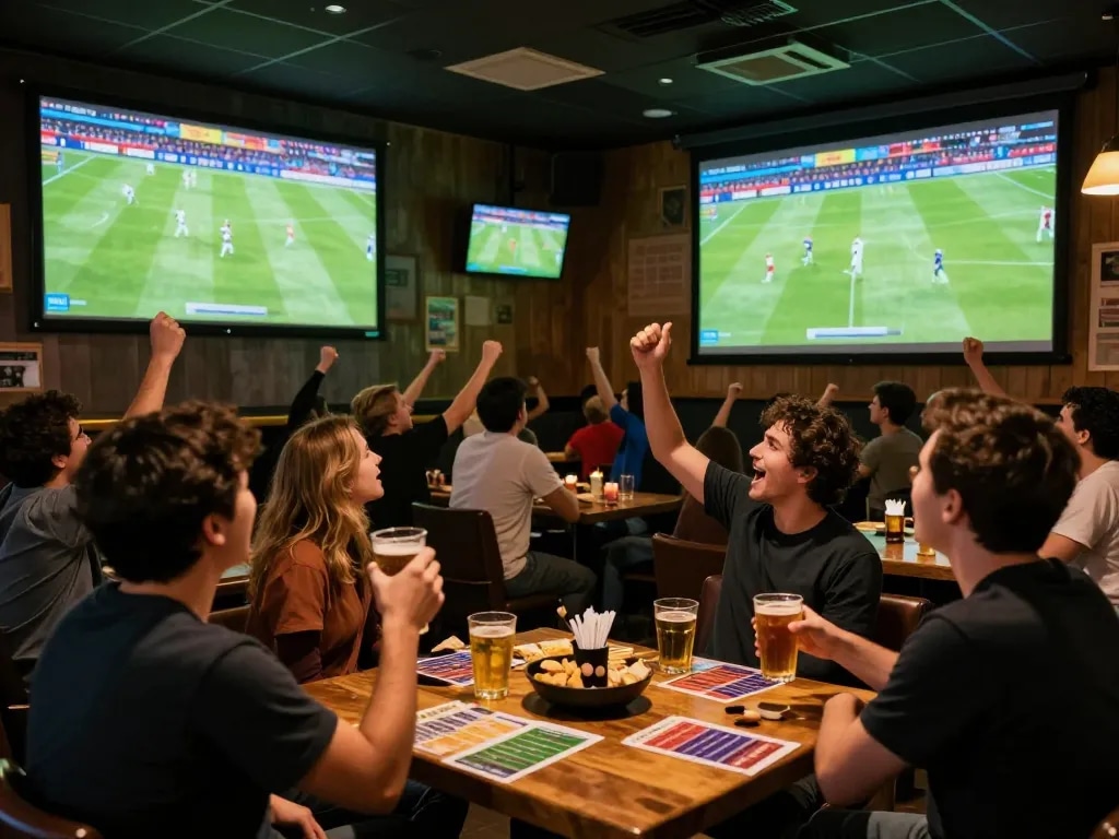 Fans engaging in trực tiếp đá bóng while cheering in a lively sports bar atmosphere.