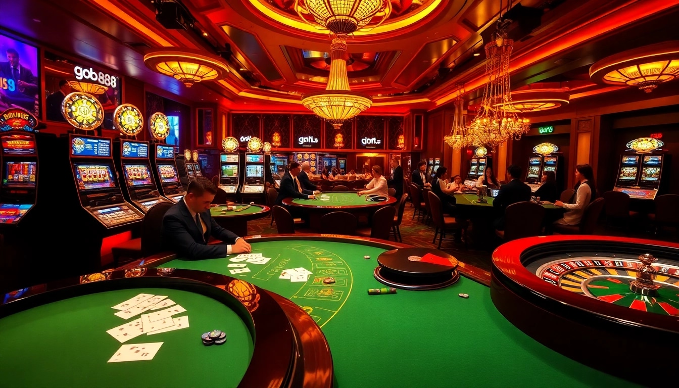 Engaged gamblers enjoying the excitement of the go88 casino experience with vibrant slot machines.