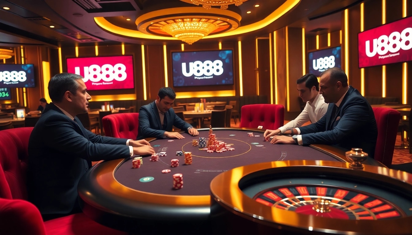 Experience U888's thrilling poker game with vibrant chips and a roulette wheel.