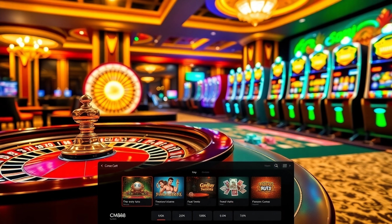 Exciting gameplay experience at cm88 com featuring roulette wheel and vibrant slot machines.