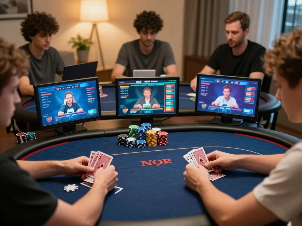 rokok88 players engaged in a thrilling online poker game, showcasing exciting card actions and strategy.