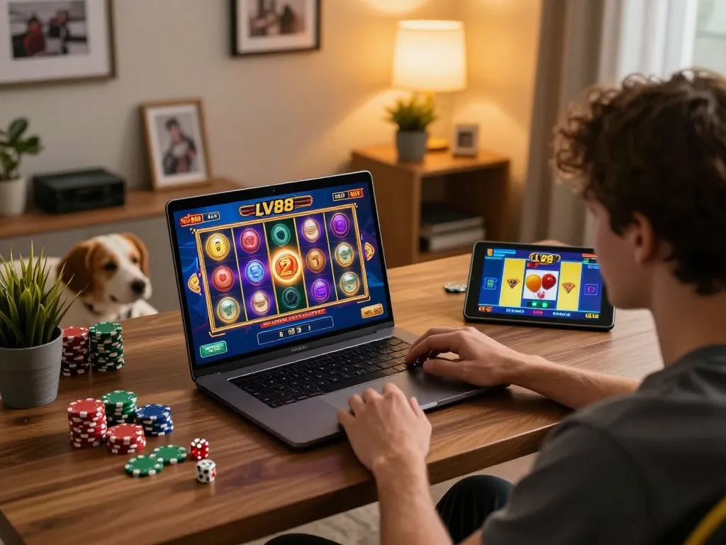 Player engaging with LV88 online slots on a laptop in a cozy gaming setup, showcasing excitement and comfort.