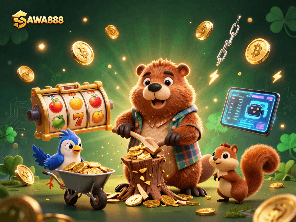 SAWA888 showcases a lively 3D scene with a lumberjack beaver collecting coins amidst slot reels for exciting gameplay.
