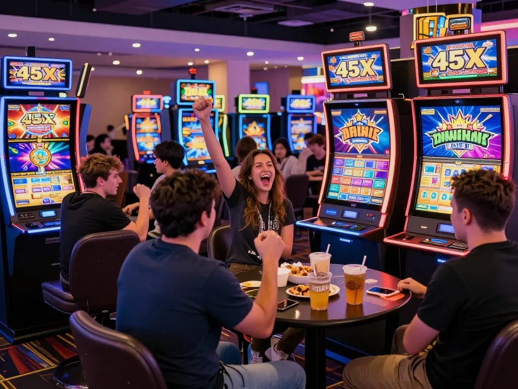 Players enjoying vibrant slot games at 45X casino, showcasing excitement and entertainment.