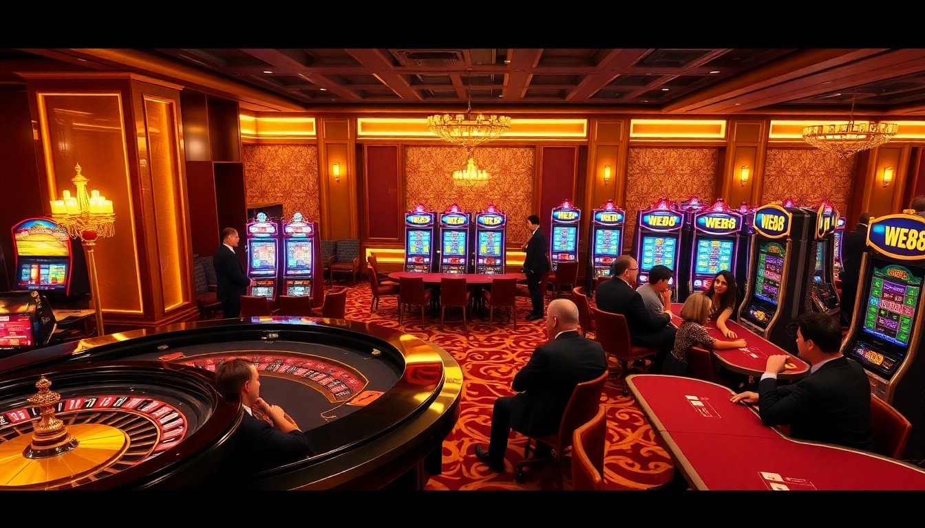 WE88 casino scene showcasing exciting roulette and slot machines with engaged players.