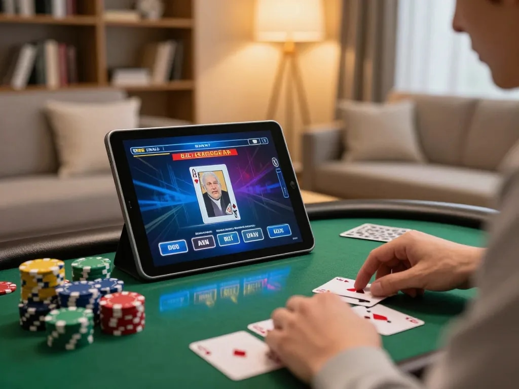 Xibet online gaming scene with a player focused on live dealer poker at home.